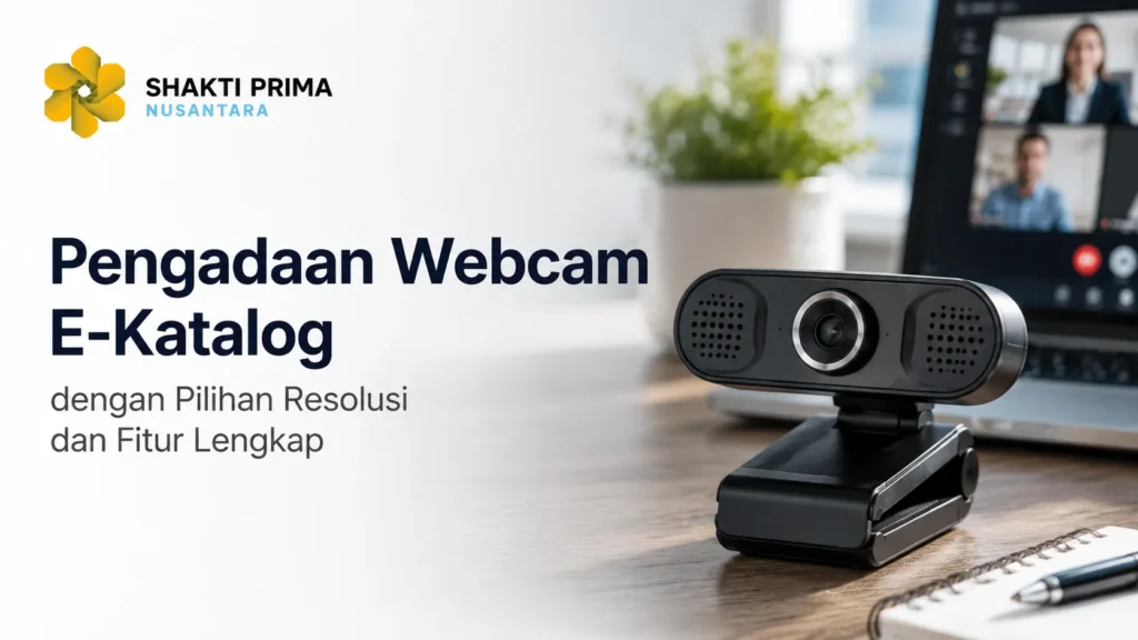 Sebuah kamera webcam hitam modern diletakkan di atas meja kerja, dengan latar belakang laptop yang menampilkan layar rapat online. Terdapat logo Shakti Prima Nusantara serta teks Pengadaan Webcam E-Katalog dengan Pilihan Resolusi dan Fitur Lengkap.