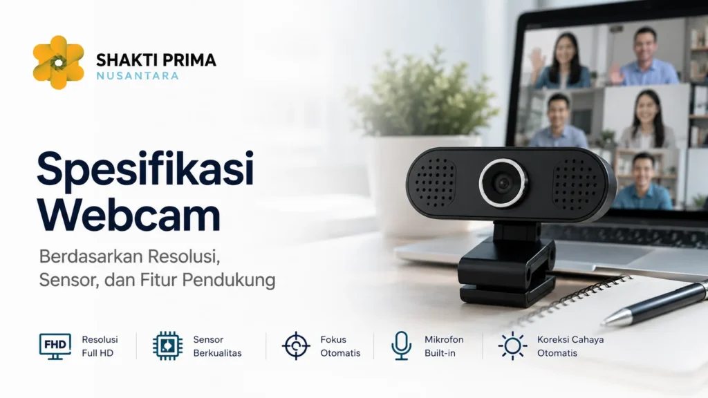 Kamera webcam hitam modern di atas meja kantor dekat laptop yang menampilkan rapat daring, dilengkapi lima ikon fitur di bawah: Resolusi Full HD, Sensor Berkualitas, Fokus Otomatis, Mikrofon Built-in, dan Koreksi Cahaya Otomatis. Terdapat logo Shakti Prima Nusantara serta teks Spesifikasi Webcam Berdasarkan Resolusi, Sensor, dan Fitur Pendukung.