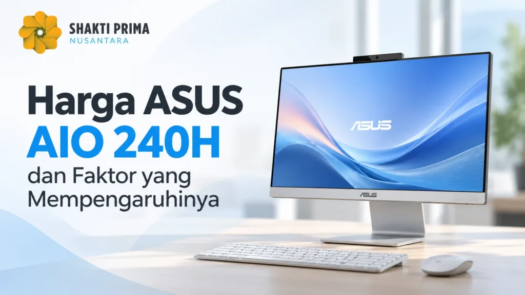 Harga ASUS AIO 240H dan faktor yang memengaruhi harga, dengan komputer all-in-one ASUS dan logo Shakti Prima Nusantara.