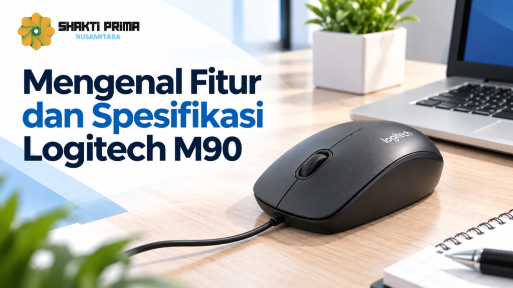 Mouse Logitech M90 pengadaan untuk kantor dengan koneksi USB, sensor optik, roda gulir, dan logo Shakti Prima Nusantara.