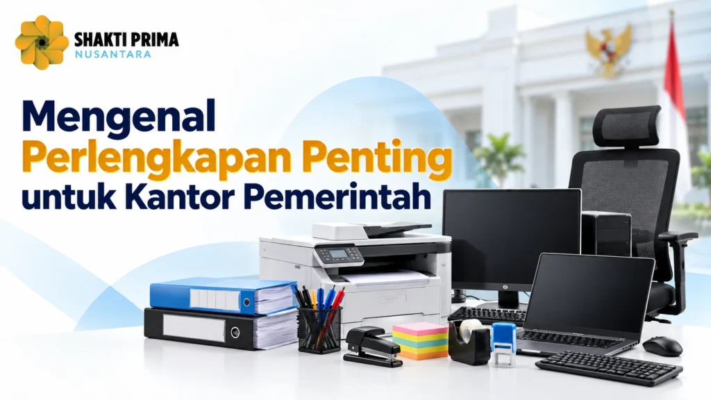 Alat kantor pemerintah berupa komputer, printer, laptop, kursi kerja, map arsip, dan perlengkapan administrasi dengan logo Shakti Prima Nusantara.